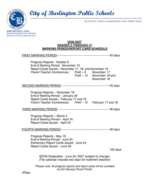 City of Burlington Public Schools 2026–2027 Academic Calendar Page 2