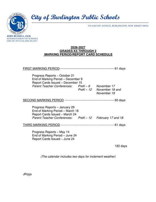City of Burlington Public Schools 2026–2027 Academic Calendar Page 3