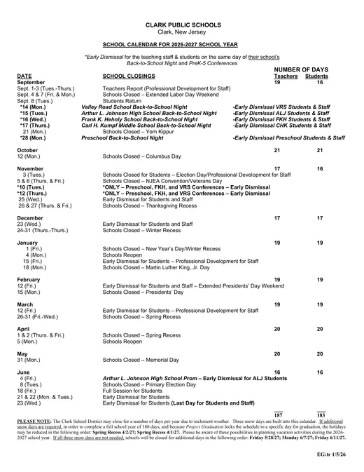 Clark Public Schools 2026–2027 Academic Calendar