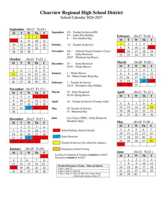 Clearview Regional High School District 2026–2027 Academic Calendar