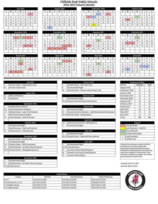 Cliffside Park Public Schools 2026–2027 Academic Calendar Page 1