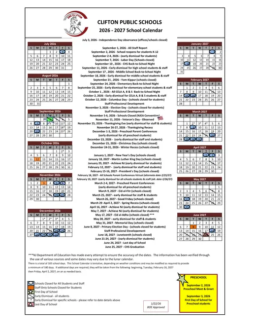 Clifton Public Schools 2026–2027 Academic Calendar