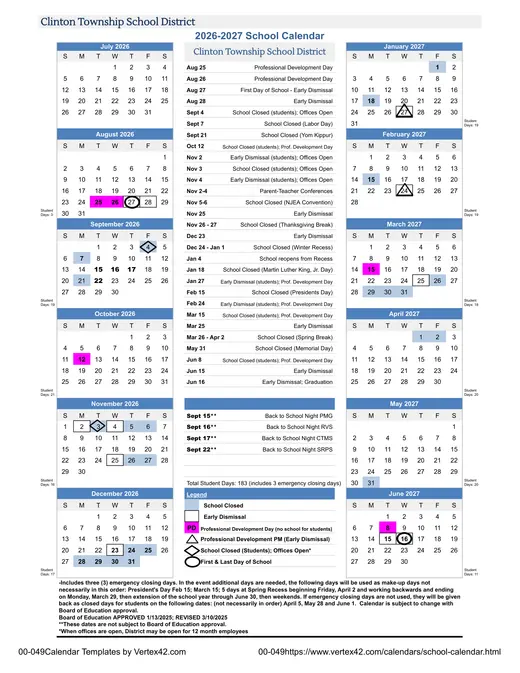 Clinton Township School District 2026–2027 Academic Calendar Page 1