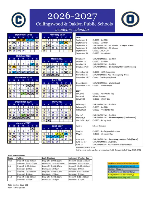 Collingswood &amp; Oaklyn Public Schools 2026–2027 Academic Calendar
