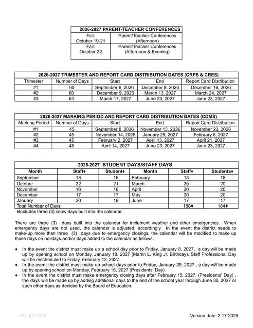 Colts Neck Township Schools 2026–2027 Academic Calendar Page 2