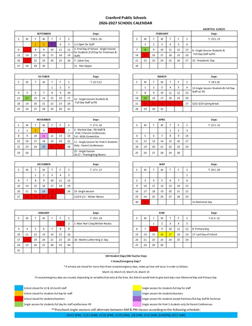 Cranford Public Schools 2026–2027 Academic Calendar