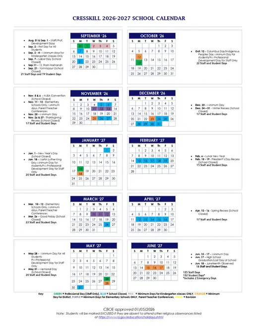 CRESSKILL Public Schools 2026–2027 Academic Calendar