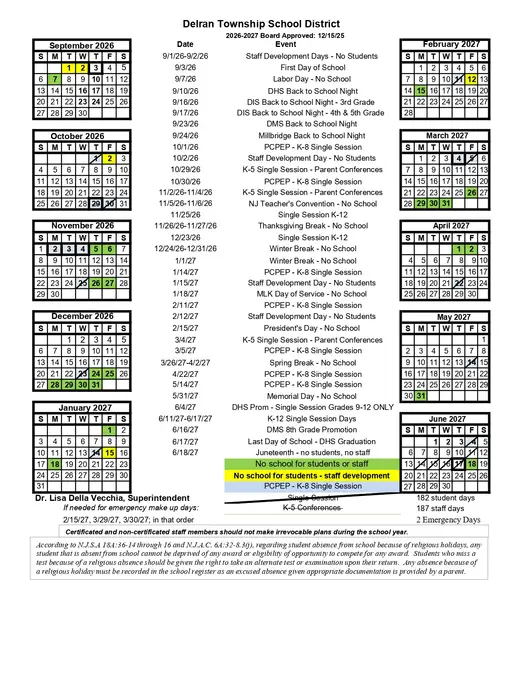Delran Township School District 2026–2027 Academic Calendar