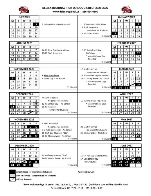 Delsea Regional High School District 2026–2027 Academic Calendar Page 1