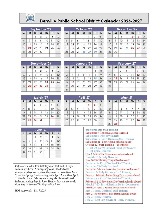 Denville Public School District 2026–2027 Academic Calendar