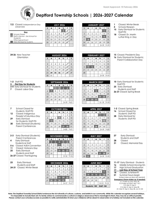 Deptford Township Schools 2026–2027 Academic Calendar