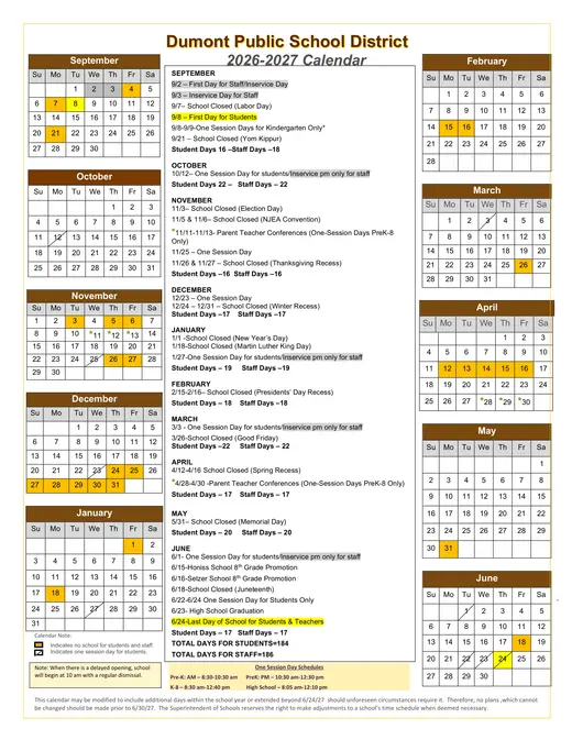 Dumont Public School District 2026–2027 Academic Calendar