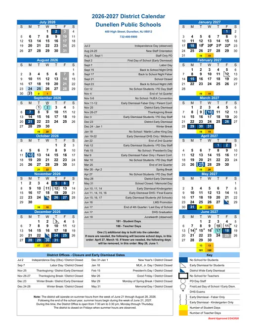 Dunellen Public Schools 2026–2027 Academic Calendar