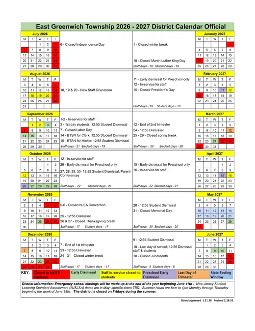 East Greenwich Township 2026–2027 Academic Calendar