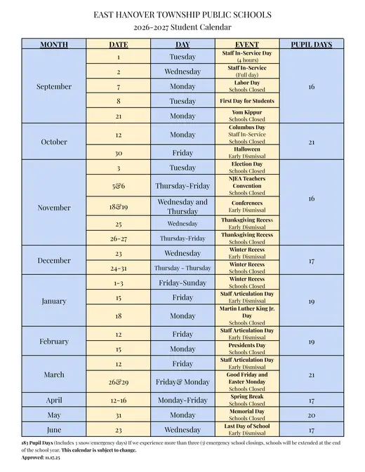 East Hanover Township Public Schools 2026–2027 Academic Calendar Page 1