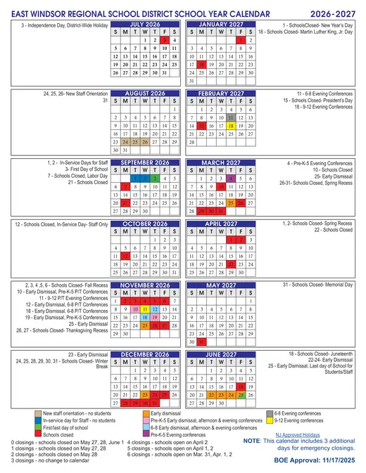 East Windsor Regional School District 2026–2027 Academic Calendar