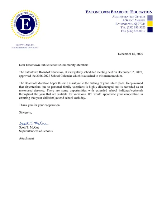 Eatontown Public Schools 2026–2027 Academic Calendar Page 1