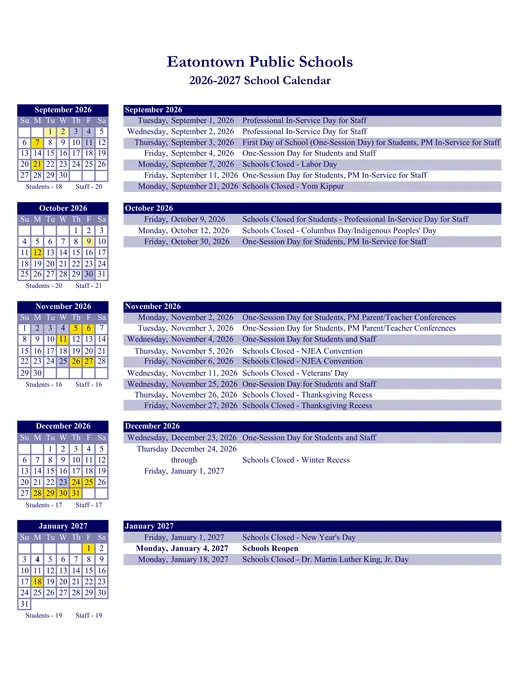 Eatontown Public Schools 2026–2027 Academic Calendar Page 2