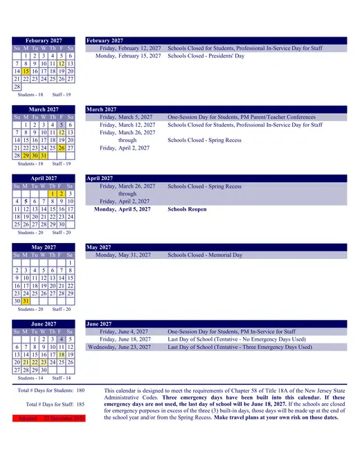 Eatontown Public Schools 2026–2027 Academic Calendar Page 3