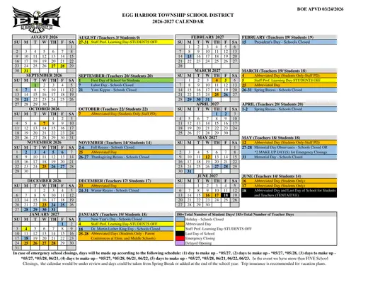Egg Harbor Township School District 2026–2027 Academic Calendar