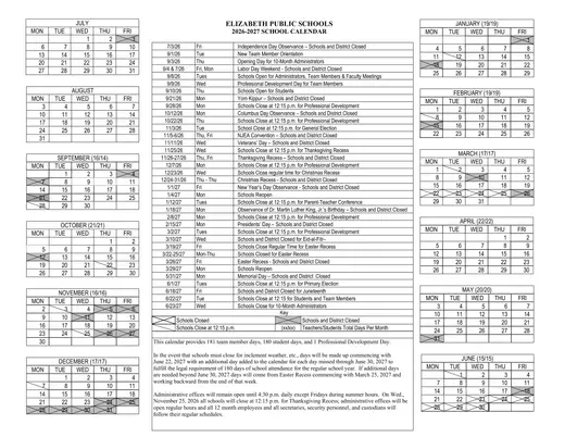 Elizabeth Public Schools 2026–2027 Academic Calendar