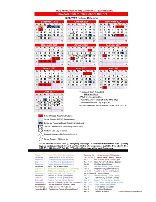 Elmwood Park Public School District 2026–2027 Academic Calendar