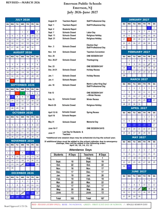 Emerson Public Schools 2026–2027 Academic Calendar Page 2