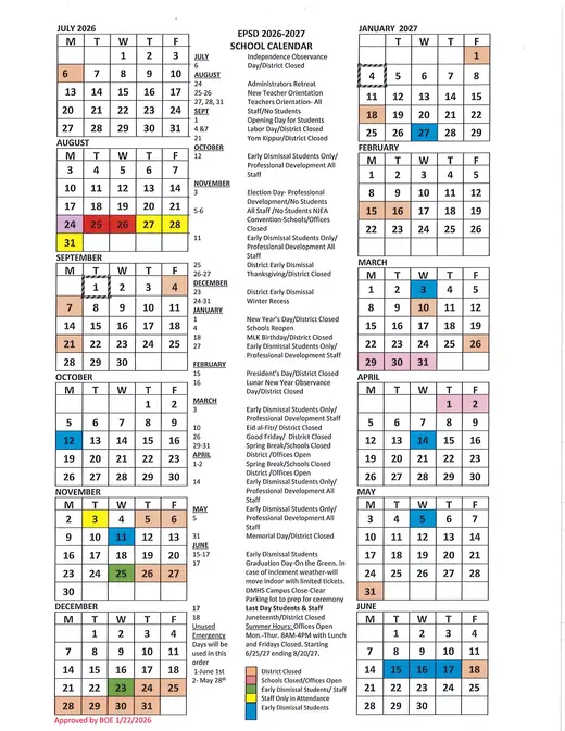 Englewood Public Schools 2026–2027 Academic Calendar Page 1
