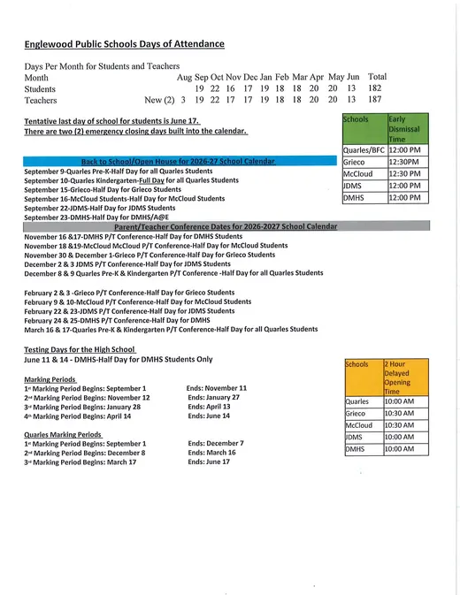 Englewood Public Schools 2026–2027 Academic Calendar Page 2