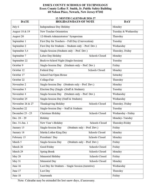 Essex County Schools of Technology 2026–2027 Academic Calendar