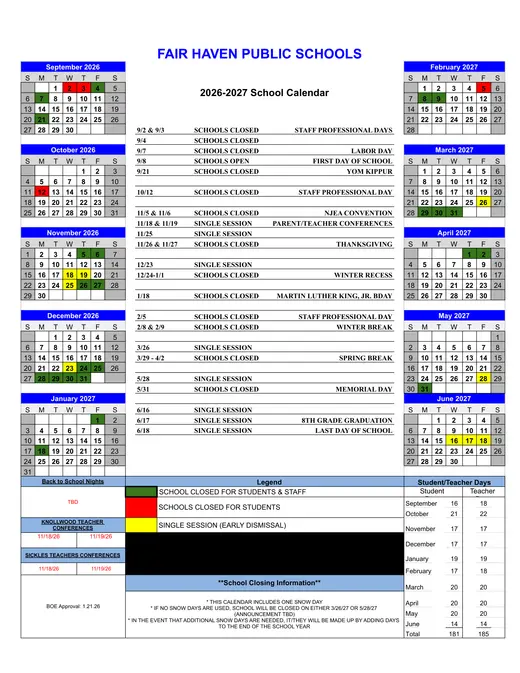 Fair Haven Public Schools 2026–2027 Academic Calendar