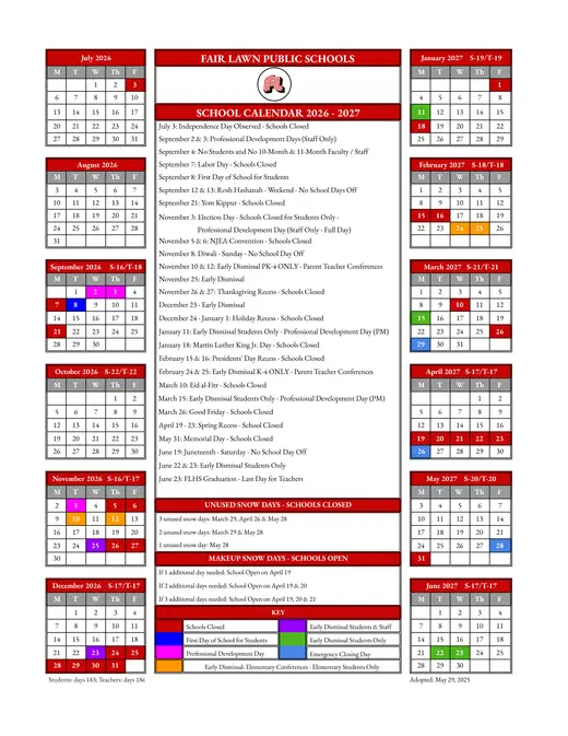 Fair Lawn Public Schools 2026–2027 Academic Calendar Page 1