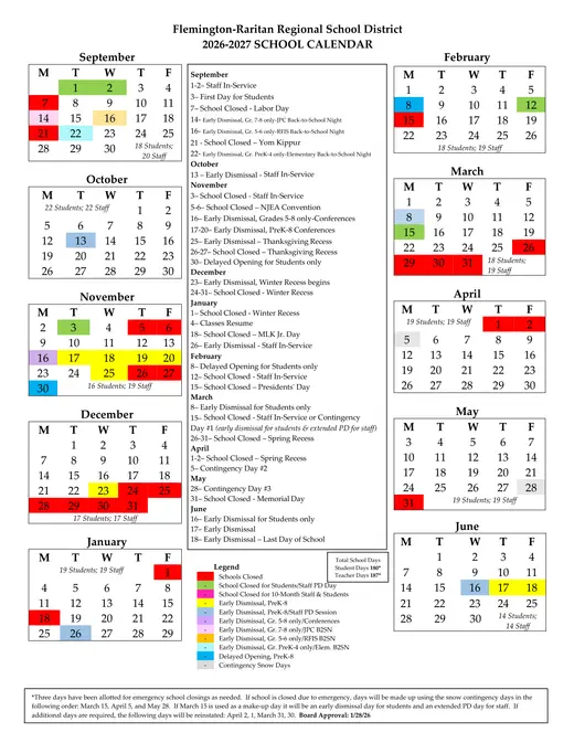 Flemington-Raritan Regional School District 2026–2027 Academic Calendar