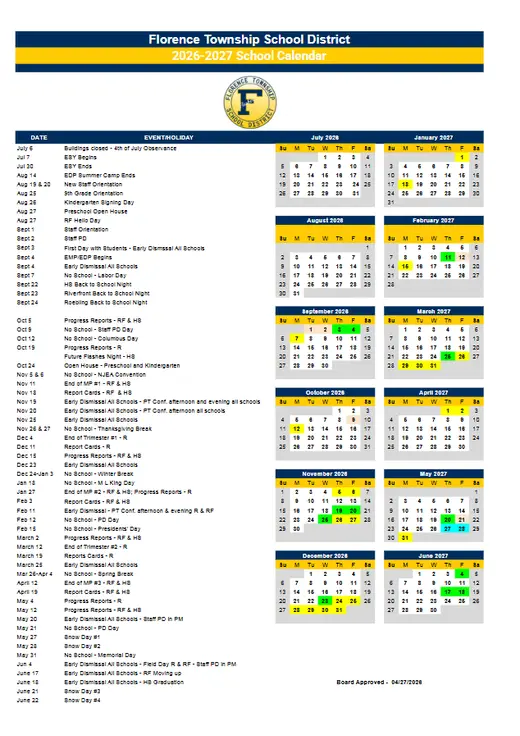 Florence Township School District 2026–2027 Academic Calendar Page 1