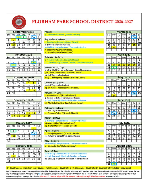 Florham Park School District 2026–2027 Academic Calendar