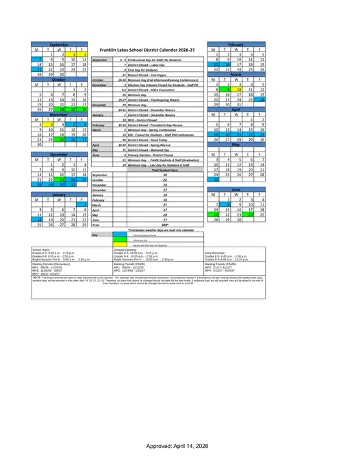 Franklin Lakes School District 2026–2027 Academic Calendar