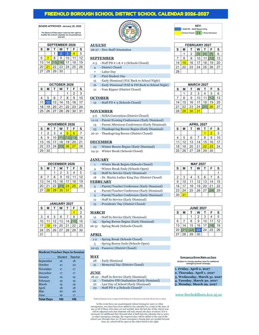 Freehold Borough School District 2026–2027 Academic Calendar Page 1