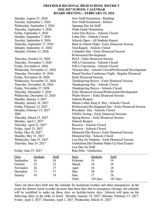Freehold Regional High School District 2026–2027 Academic Calendar
