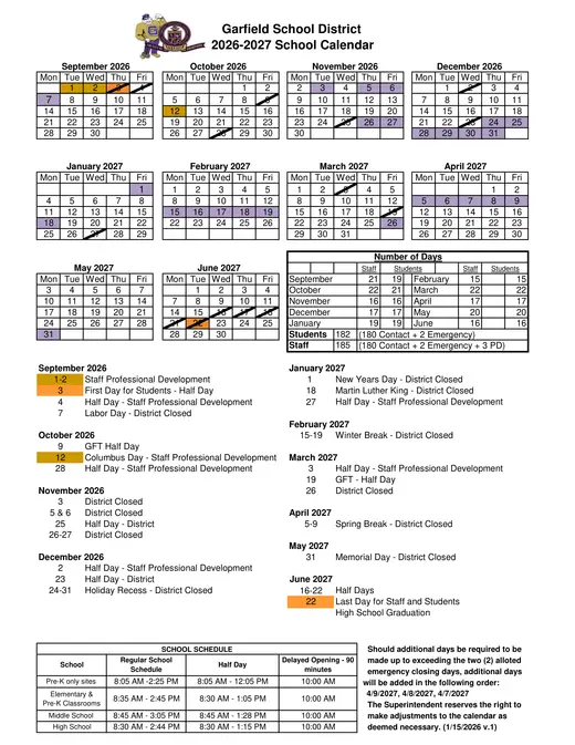 Garfield School District 2026–2027 Academic Calendar