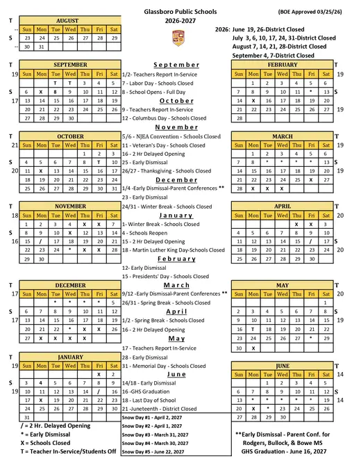 Glassboro Public Schools 2026–2027 Academic Calendar