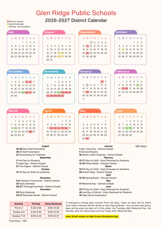 Glen Ridge Public Schools 2026–2027 Academic Calendar Page 1