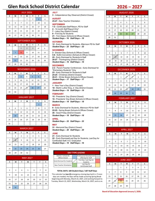 Glen Rock School District 2026–2027 Academic Calendar