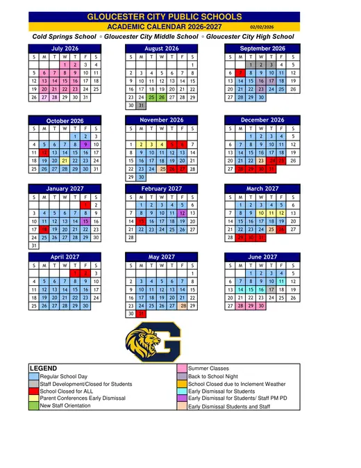 Gloucester City Public Schools 2026–2027 Academic Calendar Page 1
