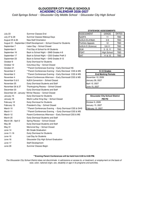 Gloucester City Public Schools 2026–2027 Academic Calendar Page 2