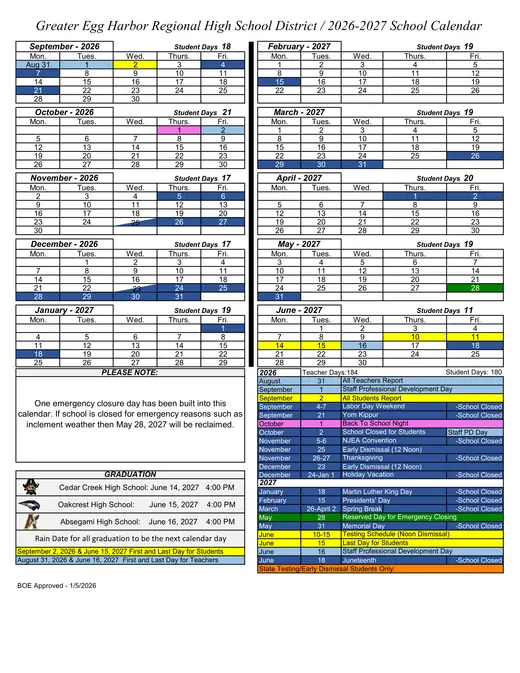 Greater Egg Harbor Regional High School District 2026–2027 Academic Calendar Page 1