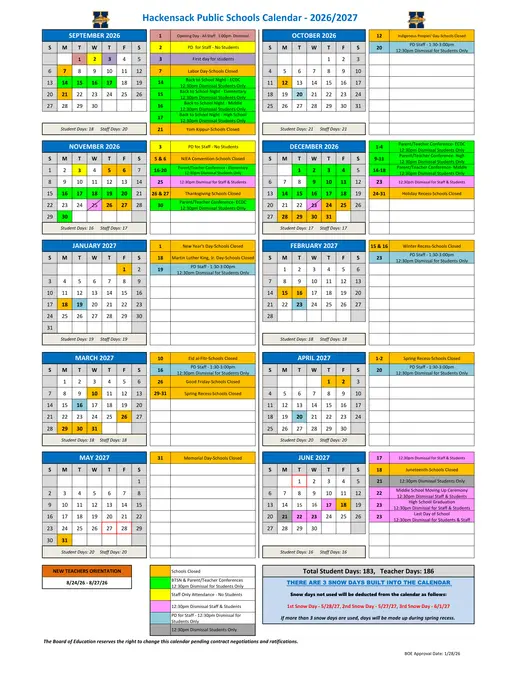 Hackensack Public Schools 2026–2027 Academic Calendar