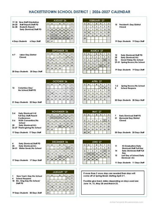 Hackettstown School District 2026–2027 Academic Calendar Page 1