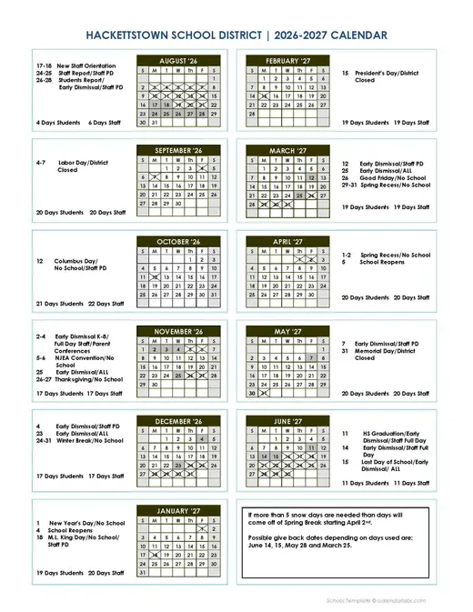 Hackettstown School District 2026–2027 Academic Calendar Page 2