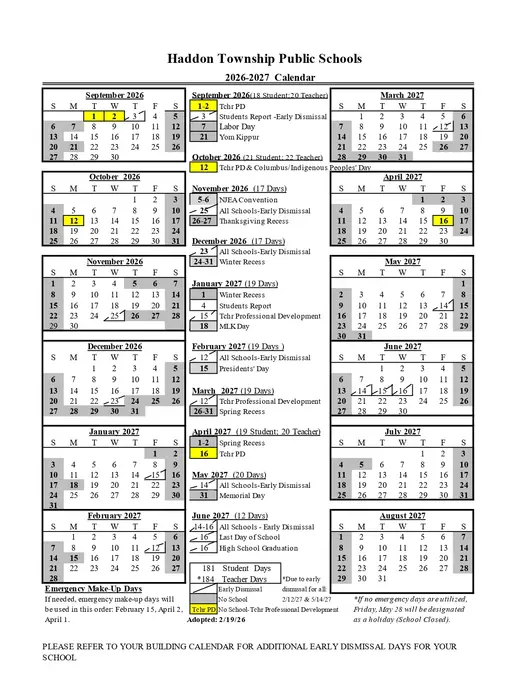 Haddon Township Public Schools 2026–2027 Academic Calendar