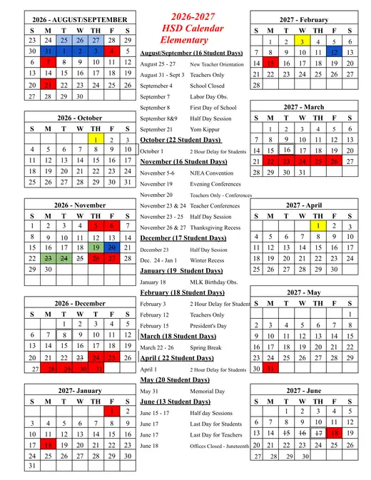Haddonfield School District HSD Elementary 2026–2027 Academic Calendar Page 1